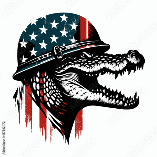 A Crocodile wear american flag print soldier helmet. Vintage Grunge Independence Day 4th of July Patriotic Usa America Retro Clipart. Reptile in headgear stars and stripes decoration army.