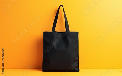 Mockup of black blank canvas tote bag with bold vivid background, eco textile shopping sack with copy space, AI generated. High quality