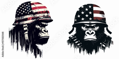 A Gorilla wear american flag print soldier helmet. Vintage Grunge Independence Day 4th of July Patriotic Usa America Retro Clipart. Primate donning stars and stripes headgear combat gear.