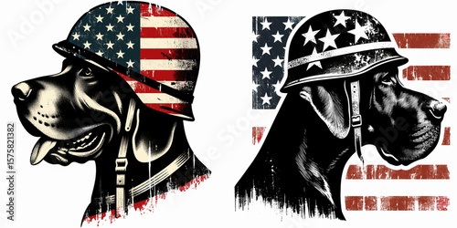 A Great Dane Dog wear american flag print soldier helmet. Vintage Grunge Independence Day 4th of July Patriotic Usa America Retro Clipart. Large canine donning banner pattern military.