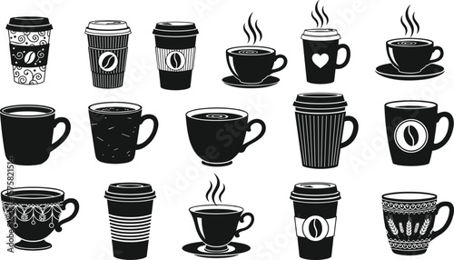 Hand-drawn coffee cups and takeaway coffee mugs collection, black and white vintage style, hot beverage icons, coffee shop design elements, vector illustration