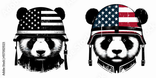 A Panda wear american flag print soldier helmet. Vintage Grunge Independence Day 4th of July Patriotic Usa America Retro Clipart. Bear cub in army headgear with banner pattern wildlife item.