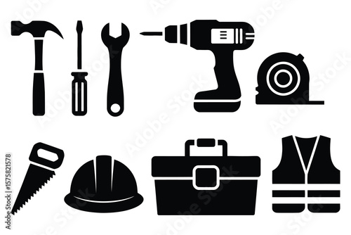 Construction tools and safety gear hammer screwdriver