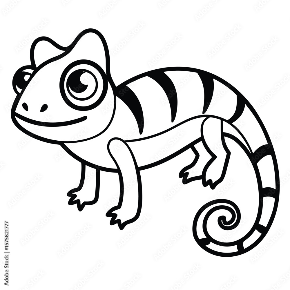 Fototapeta premium Stylized cartoon chameleon with black stripes and curled tail