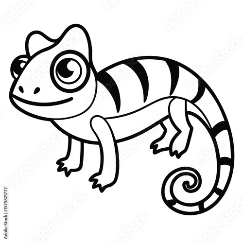 Stylized cartoon chameleon with black stripes and curled tail