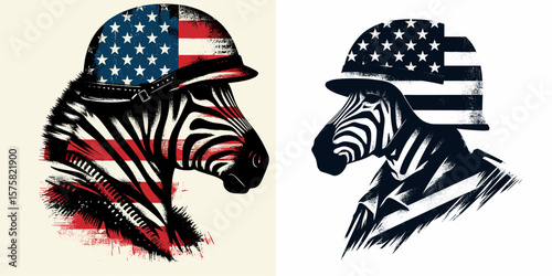 A Zebra wear american flag print soldier helmet. Vintage Grunge Independence Day 4th of July Patriotic Usa America Retro Clipart. Striped horse in stars and stripes design trooper headgear.