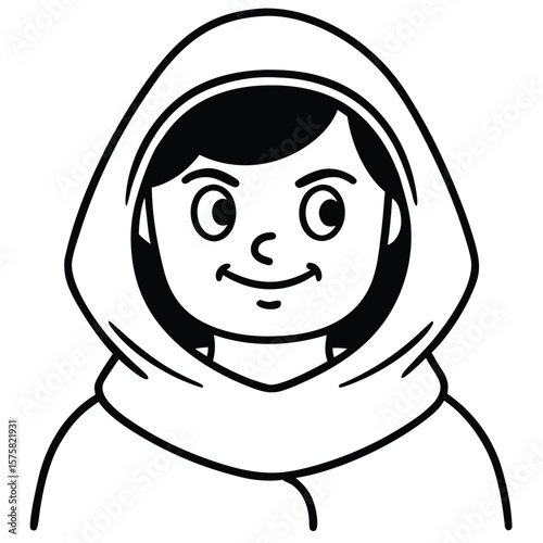 A smiling person wearing a hood black and white illustration
