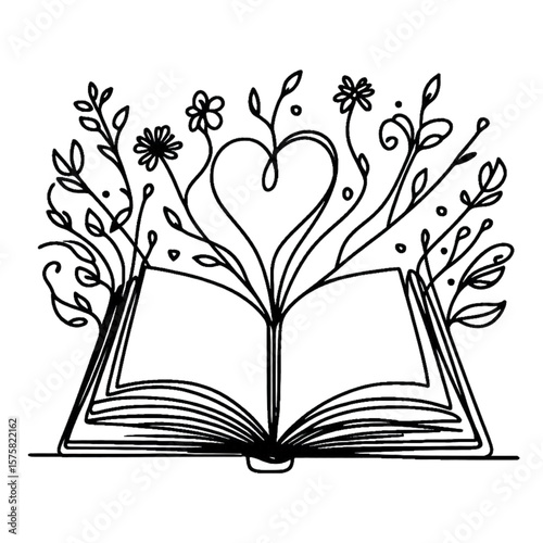 An open book design featuring heart-shaped plants, perfect for educational or romantic themes, easily scalable for print and web projects.
