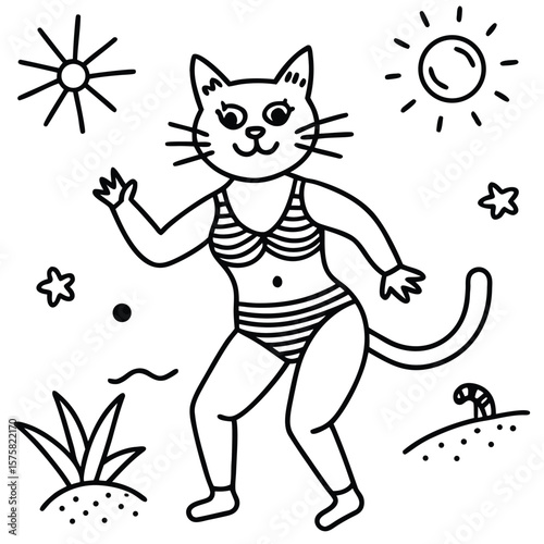 Beach cat dancing in striped bikini under sun vector