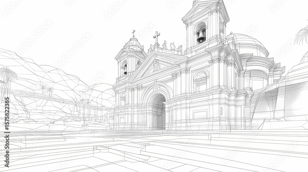 Fototapeta premium Architectural drawing of a cathedral exterior.