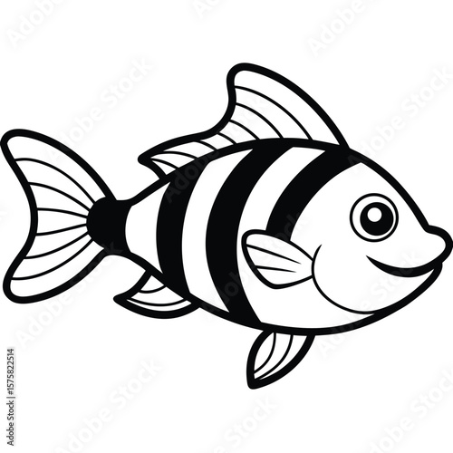 Black and white cartoon fish with stripes swimming