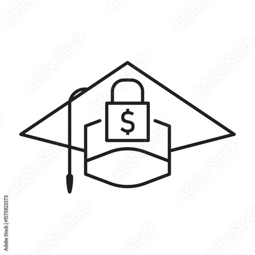 College debt icon featuring a graduation cap with a dollar padlock, symbolizing student loans, tuition burden, or financial aid concerns in higher education financing.