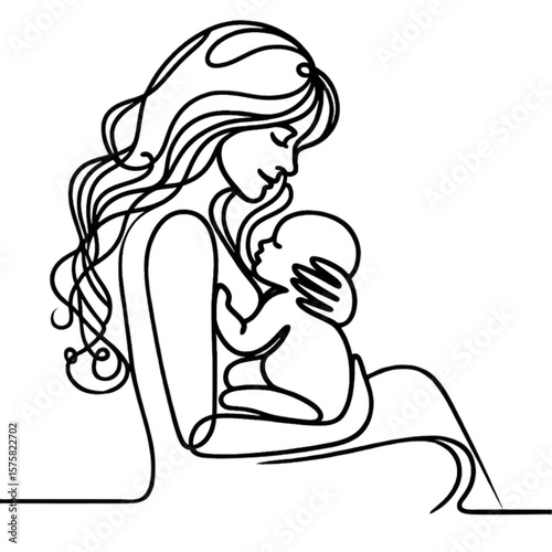 Beautiful mother holding her baby in a loving embrace, a minimalist line drawing ideal for motherhood themes and family oriented concepts.