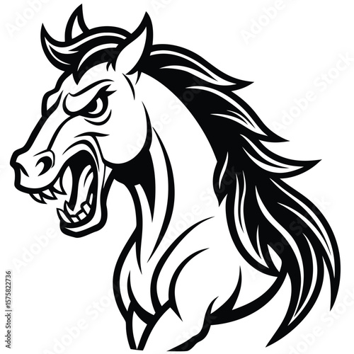 Black and white illustration of a furious horse head
