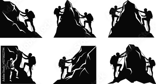 Silhouette of two climbers ascending steep rocky mountain, teamwork, adventure, outdoor sport, extreme climbing, hiking, nature exploration, challenge, success, safety, determination