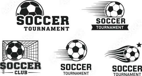 Black and white soccer tournament logos collection, football club emblems, dynamic soccer ball designs, sports competition icons, goal net, fast motion effects