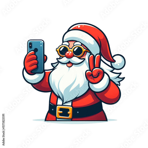 Cool Santa Claus taking a selfie with smartphone and showing peace sign, funny Christmas cartoon vector character