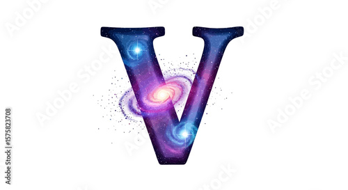 Vector letter v galaxy space cosmic alphabet typography design, vector illustration, initial v astronomy theme art