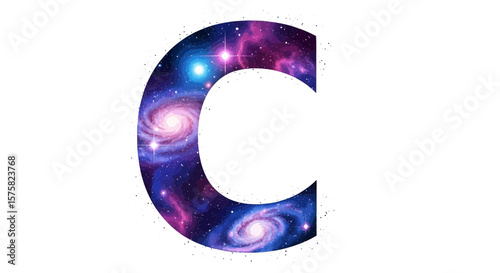Vector letter c galaxy space cosmic nebula stars universe astronomy celestial alphabet initial design illustration