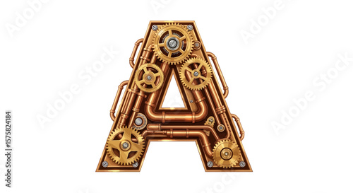 Vector steampunk letter a alphabet design with gears and pipes vintage mechanical typography vector illustration