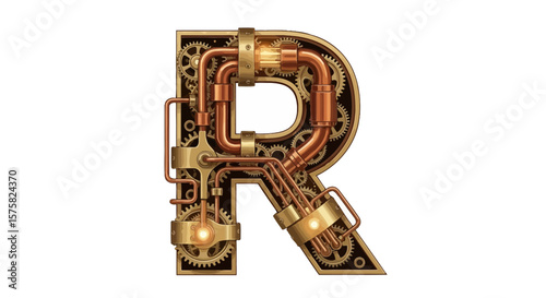 Vector steampunk letter r illustration with gears and pipes for graphic design and typography projects use case