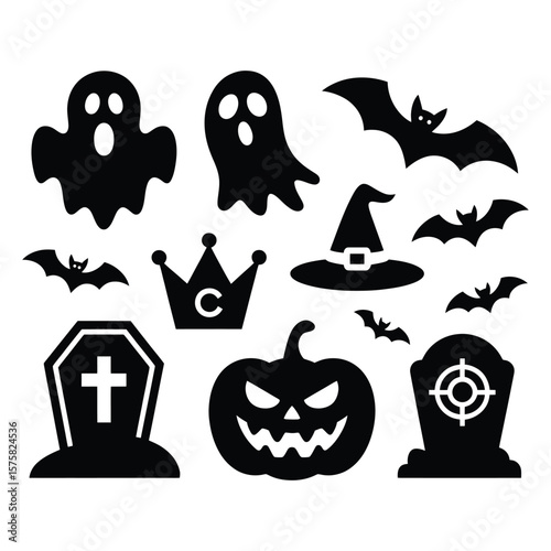 Halloween icons ghosts bats pumpkin witch hat gravestones
