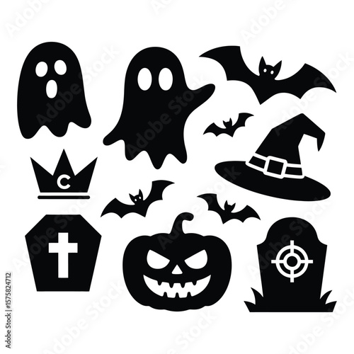 Halloween icons ghost bats pumpkin witch hat coffin tombstone