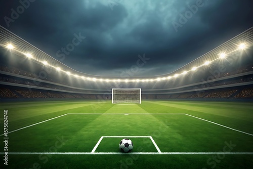 Soccer stadium with ball and goal under dramatic lighting field grass