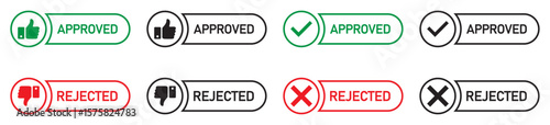 Approved and rejected icons set with thumbs up, down, check, and cross symbols. Outline style. Vector illustration.