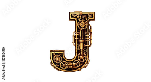 Vector steampunk letter j illustration, mechanical alphabet design, vintage style font, golden cogwheel art