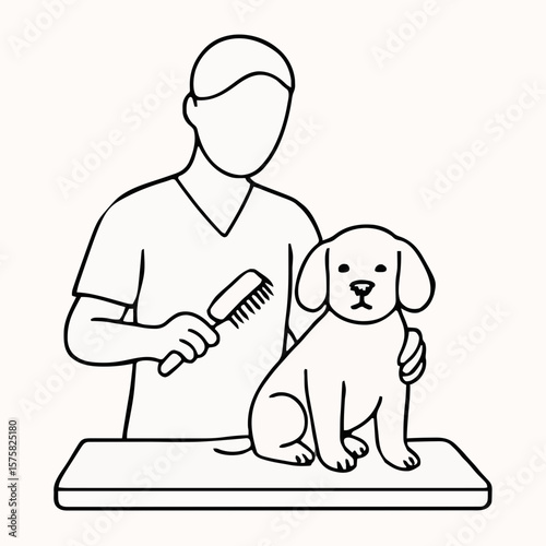 This vector illustration shows a vet grooming a puppy with a brush on a table, highlighting pet care and veterinary services. Ideal for pet blogs, animal health ads, or designs about pet grooming and 