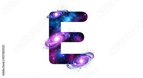Vector letter e galaxy space cosmic nebula stars universe astronomy alphabet typography design illustration art