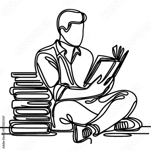 One line drawing features a person reading a book while sitting next to a stack of books, great for design projects.