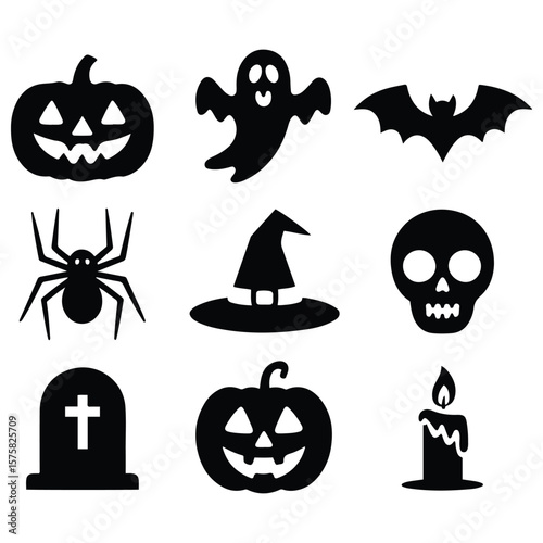Halloween icons pumpkin ghost bat spider skull candle tombstone