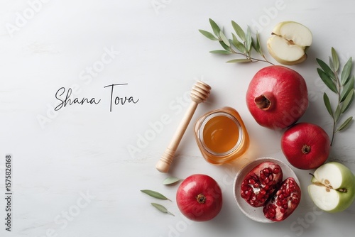 Celebratory display of pomegranates, honey, and apples for a New Year gathering in a festive setting