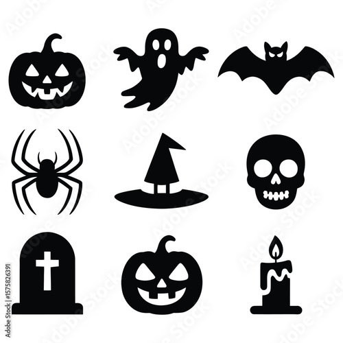 Halloween icons spooky creatures and objects pumpkin