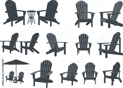 Adirondack chair silhouette collection, outdoor furniture vector set, patio wooden chair icons, backyard seating design, summer relaxation clipart, beach chairs