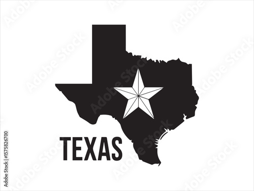 Black silhouette of texas state map with a white lone star and the word texas