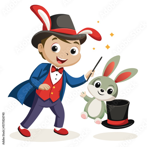 Cartoon magician with rabbit performing magic trick