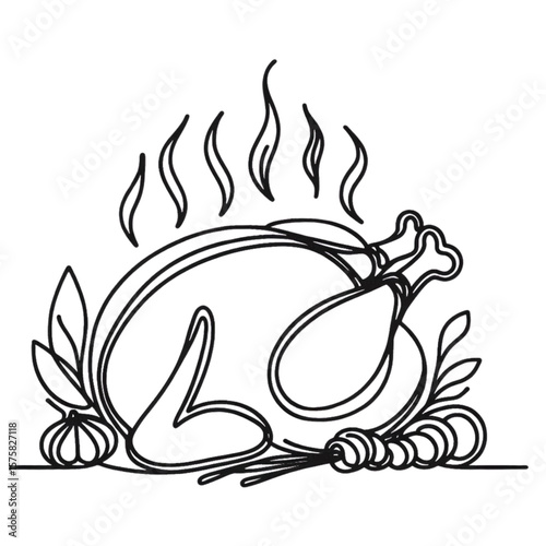 Line art presents a hot roasted turkey with garlic and spices, ideal for Thanksgiving graphics, menu design, or holiday themed projects.