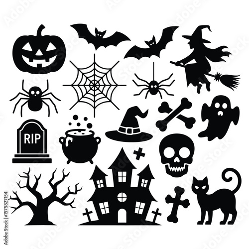 Halloween icons spooky symbols black silhouettes vector