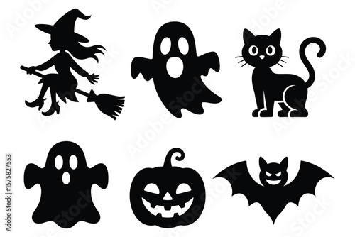 Halloween icons witch ghost cat pumpkin bat vector