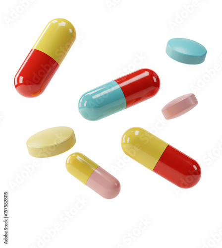 pills falling down PNG. Colorful pills flying isolated for healthcare visuals, pharmaceutical ads, and medicine related content. Assorted pills and capsules flying in mid air for medical infographics
