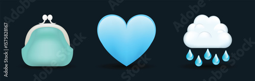 3 emoticons isolated on white background. Blue color heart, bag, rainy cloud vector emoji illustration. 3d illustration set.
