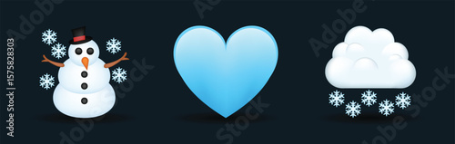 Blue color heart, snowman, snowy cloud vector emoji illustration