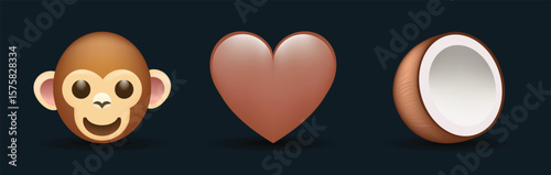 Brown color heart, monkey, coconut vector emoji illustration