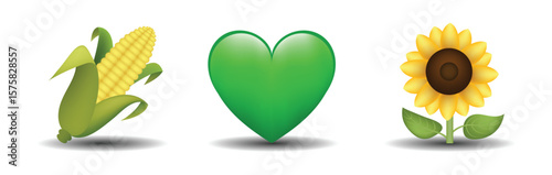 Green color heart, corn, sunflower vector emoji illustration