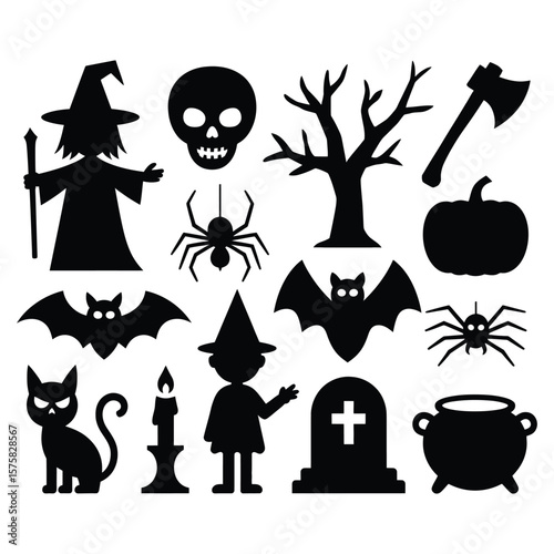 Halloween icons witch skull spider bat pumpkin graveyard