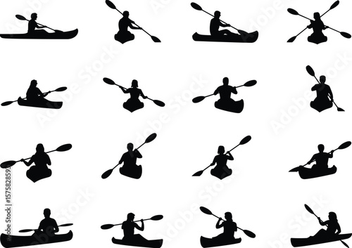 Silhouettes of kayakers paddling in various kayak positions, kayaking vector icons, outdoor sport illustration, active lifestyle, paddling silhouette design