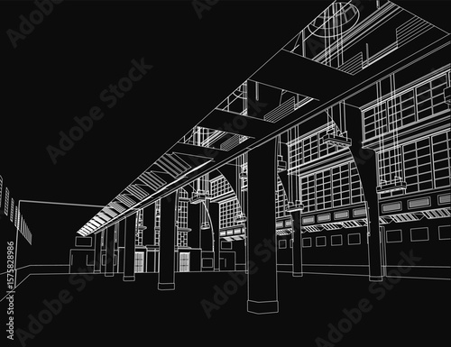 A grand building with towering pillars and symmetrical windows stands in stark contrast against a dark background. The black and white drawing highlights intricate architectural details and classical.